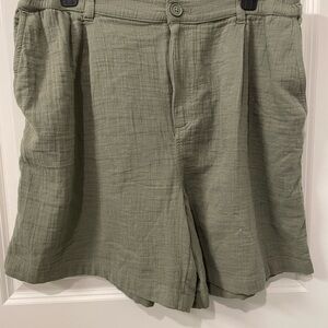 Aerie Women L Shorts Daybreak Trouser Green Gauze Pleated High Rise Chino Cotton